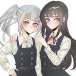  2girls anno88888 asashio_(kantai_collection) bangs belt black_dress black_hair blue_eyes blush brown_eyes closed_mouth dress grey_hair hand_on_another&#039;s_shoulder hand_on_hip headband highres kantai_collection kasumi_(kantai_collection) long_hair long_sleeves multiple_girls neck_ribbon pinafore_dress ponytail red_neckwear remodel_(kantai_collection) ribbon shirt side_ponytail simple_background smile upper_body white_background white_shirt 