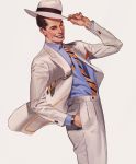  1boy closed_eyes english_commentary formal from_side hand_in_pocket hat holding holding_clothes holding_hat looking_down necktie original sartorial_e smile solo suit white_headwear white_suit 