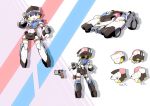  1girl bingshan blue_eyes car ground_vehicle gun highres holding holding_gun holding_weapon looking_at_viewer magic_henshin motor_vehicle multiple_views no_humans official_art open_mouth police police_car robot weapon 
