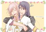  1boy 1girl aiki_hiwa black_hair closed_eyes dress estellise_sidos_heurassein floral_background gloves holding_arm hug hug_from_behind laughing long_hair open_mouth pink_hair short_hair sweatdrop tales_of_(series) tales_of_vesperia violet_eyes yuri_lowell 