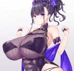  1girl black_swimsuit breasts fate/grand_order fate_(series) gloves hair_up half_gloves highleg highleg_swimsuit highres huge_breasts impossible_clothes looking_at_viewer murasaki_shikibu_(fate) murasaki_shikibu_(swimsuit_rider)_(fate) one-piece_swimsuit shawl solo swimsuit tied_hair upper_body violet_eyes yuuki_shuri 