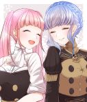  2girls bangs blue_hair blunt_bangs blush braid closed_eyes closed_mouth crown_braid fire_emblem fire_emblem:_three_houses garreg_mach_monastery_uniform highres hilda_valentine_goneril long_hair marianne_von_edmund multiple_girls open_mouth pink_hair smile twintails uniform upper_body yutohiroya 