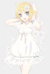  1girl adjusting_hair arms_behind_head blonde_hair blue_eyes cowboy_shot daisy dress fairy_dress_(module) floral_background flower flower_bracelet frilled_dress frills grey_background hair_flower hair_ornament hands_up kagamine_rin looking_at_viewer open_mouth project_diva_(series) short_hair smile solo vocaloid white_dress yoshiki 
