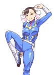  1girl alternate_color bodysuit breasts brown_eyes brown_hair bun_cover captain_marvel captain_marvel_(cosplay) chun-li cosplay double_bun fighting_stance highres looking_at_viewer marvel ms._marvel skin_tight smile solo street_fighter thick_thighs thighs ueyama_michirou white_background 