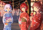  3girls ange_katrina cardigan dog_hair_ornament floral_print flower hair_flower hair_intakes hair_ornament inui_toko jacket japanese_clothes kimono lize_helesta multiple_girls nijisanji print_kimono red_cardigan red_jacket red_kimono redhead triangle_hair_ornament virtual_youtuber virus_(obsession) yukata 