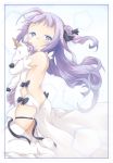  1girl ahoge azur_lane backless_dress backless_outfit bare_back bed_sheet butt_crack commentary_request doll_hug dress framed_image hair_bun ham_(points) kneeling long_hair looking_at_viewer one_side_up parted_lips purple_hair side_bun simple_background solo stuffed_alicorn stuffed_animal stuffed_toy thigh-highs unicorn_(azur_lane) violet_eyes white_background white_dress white_legwear wind zettai_ryouiki 