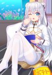  +_+ 1girl ;o air_bubble ass azur_lane bangs bed blue_eyes blush book breasts bubble chips commentary_request crossed_legs double_bun dress eyebrows_visible_through_hair fish fish_tank food glass hair_between_eyes hair_ribbon hand_up holding holding_book knees_up le_malin_(azur_lane) long_hair long_sleeves looking_at_viewer no_shoes on_bed one_eye_closed pantyhose plant potato_chips ribbon sidelocks silver_hair sitting small_breasts solo symbol-shaped_pupils thighband_pantyhose tsukino_neru under_boob underboob_cutout very_long_hair water white_dress white_legwear yawning 