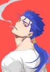  1boy blue_hair casual cigarette cropped_shoulders cu_chulainn_(fate)_(all) earrings emya fate/grand_order fate/stay_night fate_(series) jewelry lancer long_hair male_focus muscle ponytail red_background red_eyes shirt smoking solo white_shirt 