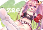  1girl :d azur_lane bandaid bandaid_on_knee bangs bare_shoulders black_shirt blush bugles bugles_on_fingers character_name collarbone commentary_request crop_top crop_top_overhang eyebrows_visible_through_hair fang flat_chest food food_on_face green_eyes groin hair_between_eyes hair_ornament hairclip highres holding holding_food long_hair looking_at_viewer loungewear manjuu_(azur_lane) micro_shorts midriff navel off-shoulder_shirt off_shoulder open_mouth pink_hair poco. polka_dot polka_dot_background shirt short_sleeves shorts sidelocks sitting sleep_mask smile socks solo twintails very_long_hair violet_eyes white_background white_legwear z26_(azur_lane) z26_(sharing_is_caring)_(azur_lane) 