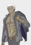  1boy abs belt chest dark_skin dark_skinned_male emiya_alter emya fate/grand_order fate/stay_night fate_(series) formal jacket_over_shoulder male_focus navel open_clothes pants pectorals short_hair simple_background sketch white_hair yellow_eyes 