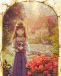  1girl arch bangs belt brown_eyes brown_hair cropped_legs day dress english_commentary expressionless flower garden hanagara_(k_tento) holding holding_teapot house lips long_hair long_sleeves looking_at_viewer original outdoors pinafore_dress purple_dress red_flower red_rose rose shirt solo stairs standing stone_stairs teapot white_shirt 