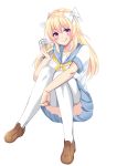  absurdres alcohol asusilver_(artist) blonde_hair blue_eyes can hair_ribbon highres looking_at_viewer ribbon school_uniform sitting smile thigh-highs tongue tongue_out white_legwear 