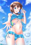  1girl ahoge aomi_one bikini blue_bikini blue_eyes blue_sky braid brown_hair clouds commentary_request cowboy_shot day frilled_bikini frills from_below hair_flaps hair_ornament hair_over_shoulder highres kantai_collection long_hair looking_at_viewer outdoors remodel_(kantai_collection) shigure_(kantai_collection) single_braid sky smile solo standing swimsuit water_gun 
