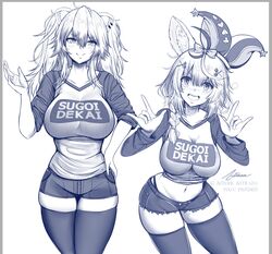  2girls \m/ animal_ears artist_name astraea_(atelierastraea) bangs blush border braid breasts closed_mouth cowboy_shot cutoffs denim denim_shorts double_\m/ ear_piercing eyebrows_visible_through_hair facial_mark fox_ears greyscale hair_between_eyes hat highleg highleg_panties highres hololive jester_cap large_breasts leaning_forward lion_ears long_hair long_sleeves looking_at_viewer monochrome multiple_girls navel omaru_polka open_mouth panties piercing raglan_sleeves romaji_text shirt_lift shishiro_botan short_shorts shorts side_braid smile sugoi_dekai thigh-highs underwear 