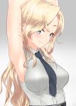  1girl armpits black_neckwear blonde_hair breasts dress_shirt gradient gradient_background grey_background grey_eyes highres hornet_(kantai_collection) ikarobu kantai_collection large_breasts long_hair necktie shirt sleeveless sleeveless_shirt solo upper_body white_shirt 