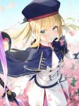  1girl artoria_pendragon_(all) artoria_pendragon_(caster) blonde_hair eyebrows_visible_through_hair eyes_visible_through_hair fate/grand_order fate_(series) flower gloves green_eyes hair_between_eyes hat highres holding holding_staff long_hair long_sleeves looking_at_viewer smile solo staff standing xkirara39x 
