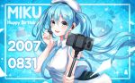  1girl absurdres blue_eyes blue_hair blue_nails cellphone character_name eyebrows_visible_through_hair floating_hair gongha happy_birthday hat hatsune_miku headset highres holding huge_filesize looking_at_viewer necktie open_mouth phone selfie_stick smartphone solo twintails vocaloid 