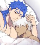 2boys archer blue_hair chest couple cu_chulainn_(fate)_(all) dark_skin dark_skinned_male earrings emya eyebrows_visible_through_hair fate/grand_order fate/stay_night fate_(series) grey_eyes hand_in_another&#039;s_hair head_on_chest jewelry lancer long_hair male_focus messy_hair multiple_boys muscle pectorals red_eyes short_hair sleeping white_hair yaoi 
