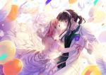  balloon bird black_hair bridal_veil cat_princess couple dove dress estellise_sidos_heurassein gloves green_eyes holding_hands jewelry lapel_flower looking_at_another necklace open_eyes pink_hair ponytail short_hair tales_of_(series) tales_of_vesperia veil violet_eyes wedding_dress yuri_lowell 