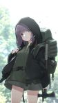  1girl absurdres backpack bag blue_eyes canteen commentary day eyebrows_visible_through_hair hatchet highres holding_hatchet hood jacket looking_at_viewer oota_youjo original outdoors purple_hair solo 
