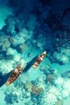  2boys boat brown_hair coral_reef day fish fishing_rod from_above hat highres male_focus mou-s multiple_boys nature oar ocean old_man original pants rice_hat ripples rowboat scenery shirt sitting straw_hat t-shirt watercraft 