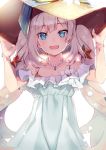  1girl ameshizuku_natsuki blue_eyes dress fate/grand_order fate_(series) flower hat jewelry lily_(flower) marie_antoinette_(fate/grand_order) marie_antoinette_(swimsuit_caster)_(fate) necklace pearl_necklace seashell_hair_ornament smile starfish_hair_ornament sun_hat sundress twintails white_background white_hair 