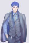  1boy alternate_costume blue_hair chest couple cu_chulainn_(fate)_(all) cu_chulainn_(fate/grand_order) earrings emya expressionless fate/grand_order fate/stay_night fate_(series) formal hand_in_pocket jacket jacket_on_shoulders jewelry long_sleeves male_focus muscle red_eyes shirt solo 