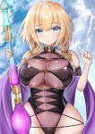  1girl absurdres bare_shoulders blonde_hair blue_eyes blush braid breasts cosplay covered_navel eyebrows_visible_through_hair fate/grand_order fate_(series) highres jeanne_d&#039;arc_(fate) jeanne_d&#039;arc_(fate)_(all) large_breasts looking_at_viewer murasaki_shikibu_(fate) murasaki_shikibu_(fate)_(cosplay) murasaki_shikibu_(swimsuit_rider)_(fate) nuts_(hazel-nuts) parted_lips solo swimsuit twin_braids upper_body 