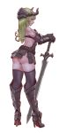  1girl absurdres armor armored_boots armored_skirt ass back bangs bare_shoulders belt black_legwear black_panties black_sleeves boots brown_belt detached_sleeves from_behind full_body gauntlets greaves green_hair high_heel_boots high_heels highres holding holding_sword holding_weapon horns long_hair looking_at_viewer original panties parted_lips red_eyes simple_background skirt solo standing sword thigh-highs underwear weapon white_background xue_qi_ye_(dndtmbdue) 