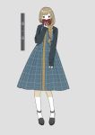  1girl absurdres black_eyes black_footwear blush book braid brown_hair covering_mouth dress grey_background hanatsuki highres holding holding_book long_hair open_book original personification plaid plaid_dress ruler simple_background sleeves_past_wrists solo 