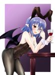  1girl alternate_costume animal_ears bare_arms bare_shoulders bat_wings bent_over black_legwear blue_hair blush brown_leotard commentary_request cropped_legs cup drinking_glass eyebrows_visible_through_hair feet_out_of_frame finger_to_face flat_chest from_side gradient gradient_background hair_between_eyes highres holding holding_cup leaning_on_table leotard looking_at_viewer masegohan open_mouth pantyhose pointy_ears purple_background rabbit_ears red_eyes remilia_scarlet short_hair solo table touhou wine_glass wings wrist_cuffs 