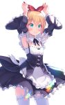  1girl apron black_dress blonde_hair blouse blue_eyes commentary_request cowboy_shot detached_sleeves dress frilled_apron frilled_blouse frilled_legwear frills garter_straps hair_ribbon highres looking_at_viewer maid na-ga petra_leyte re:zero_kara_hajimeru_isekai_seikatsu ribbon roswaal_mansion_maid_uniform short_hair simple_background smile solo standing waist_apron white_apron white_background white_blouse white_legwear 