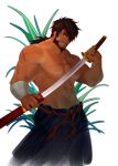  1boy bara beard black_hair eyepatch facial_hair hair_over_one_eye headband highres holding holding_sword holding_weapon long_hair looking_at_viewer lrpanda00 male_focus muscle mustache navel original pectorals ponytail red_eyes red_headband scar sheath shirtless simple_background solo standing sword unsheathing weapon white_background 