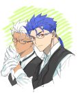  2boys alternate_costume archer blue_hair cropped_torso cu_chulainn_(fate)_(all) dark_skin dark_skinned_male earrings emya fate/grand_order fate/stay_night fate_(series) glasses gloves grey_eyes highres jewelry lancer male_focus multiple_boys red_eyes short_hair simple_background sketch white_hair 