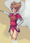  1girl angel_wings armor blonde_hair breasts breath_of_fire breath_of_fire_i closed_mouth elbow_gloves gloves hairband highres kannoaki leotard looking_at_viewer nina_(breath_of_fire_i) short_hair simple_background smile solo sword thigh-highs weapon white_wings wings 