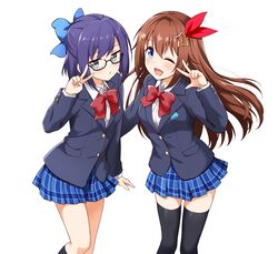  2girls bangs black_legwear blazer blue_eyes blue_jacket blue_skirt bow bowtie brown_hair collared_shirt commentary_request eyebrows_visible_through_hair felutiahime glasses green_eyes hair_between_eyes hair_bow hair_ornament highres hololive jacket long_hair looking_at_viewer multiple_girls one_eye_closed open_mouth plaid plaid_skirt pleated_skirt purple_hair red_neckwear shirt short_hair sidelocks simple_background skirt swept_bangs thigh-highs tokino_sora v virtual_youtuber white_background white_shirt yuujin_a_(hololive) zettai_ryouiki 