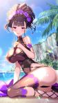  1girl :d arm_support ass backlighting bangs bare_shoulders beach blush breasts brown_hair commentary commentary_request day eyebrows_visible_through_hair fate/grand_order fate_(series) hand_on_own_chest highres large_breasts murasaki_shikibu_(fate) murasaki_shikibu_(swimsuit_rider)_(fate) open_mouth palm_tree sakura_tsubame smile solo swimsuit tree violet_eyes water 