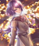  1girl :d absurdres bangs blurry blurry_background coat floating_hair gundou_mirei hair_between_eyes highres lens_flare long_hair long_sleeves looking_at_viewer nijisanji open_mouth plaid plaid_scarf purple_hair rai_(newtype_xm-x1) red_eyes scarf shiny shiny_hair smile solo standing swept_bangs very_long_hair virtual_youtuber winter_clothes winter_coat 