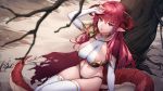  breasts bridal_gauntlets cloak copyright_request highres horns navel open_mouth pointy_ears red_eyes redhead sigma_2018 tail thigh-highs tree 