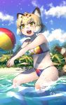  1girl :d animal_ear_fluff animal_ears ball bare_arms bare_shoulders beach beachball bikini blonde_hair blue_sky breasts clouds commentary_request day extra_ears eyebrows_visible_through_hair fang gradient_hair highres jaguar_(kemono_friends) jaguar_ears jaguar_tail kemono_friends medium_breasts multicolored multicolored_bikini multicolored_clothes multicolored_hair navel open_mouth outdoors short_hair signature sky smile solo swimsuit tail volleyball wading water welt_(kinsei_koutenkyoku) white_hair yellow_eyes 