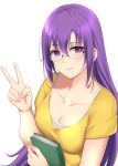  1girl blush book breasts closed_eyes gj-bu highres holding holding_book kauru00 lips long_hair looking_at_viewer medium_breasts purple_hair simple_background smile solo sumeragi_shion upper_body v violet_eyes white_background 