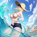 1girl :d absurdres air_bubble animal_ears arknights bangs bare_arms bare_shoulders beach_umbrella bikini blonde_hair blue_sky blue_umbrella braid breasts bubble clouds cowboy_shot cup day drinking_glass drinking_straw guangsupaomian hair_between_eyes hat highres holding holding_cup innertube large_breasts long_hair looking_at_viewer navel open_fly open_mouth outdoors palm_tree pink_umbrella short_shorts shorts single_braid sky smile solo standing stomach striped striped_bikini sun_hat swimsuit tail thighs tree umbrella utage_(arknights) vertical-striped_bikini vertical_stripes violet_eyes wading water