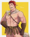  1boy abs alternate_costume bara bulge chest greek_clothes green_eyes heterochromia highres male_focus muscle navel nipples pectorals pollux_(tokyo_houkago_summoners) redhead shirtless short_hair simple_background smile solo thick_thighs thighs tokyo_houkago_summoners upper_body xxx_hana03 yellow_eyes 