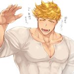  1boy bangs bara blonde_hair blush chest cleavage_cutout covered_abs cropped_torso granblue_fantasy green_eyes looking_at_viewer male_focus muscle open_mouth pectorals sat_0804 shirt smile solo toned toned_male translation_request upper_body vane_(granblue_fantasy) waving white_shirt 
