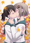  autumn_leaves bangs black_hair blush closed_eyes hair_ornament hairclip highres kiss kuraue_hinata light_brown_hair school_uniform serafuku short_hair tooo upper_body yama_no_susume yukimura_aoi yuri 