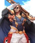  1boy armor art_cerealex baggy_pants bara beard brown_eyes brown_hair bulge chest clouds cloudy_sky eugen_(granblue_fantasy) eyepatch facial_hair granblue_fantasy highres long_hair male_focus manly muscle mustache over_shoulder pants pectorals sky smile solo weapon weapon_over_shoulder 