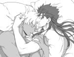  2boys alternate_hairstyle archer bed chest couple cu_chulainn_(fate)_(all) dark_skin dark_skinned_male earrings emya fate/grand_order fate/stay_night fate_(series) forehead_kiss greyscale hand_on_another&#039;s_head jewelry kiss lancer long_hair male_focus monochrome multiple_boys muscle shirtless short_hair sleeping white_hair yaoi 