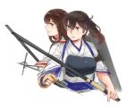  2girls akagi_(kantai_collection) brown_eyes brown_hair flight_deck hakama_skirt japanese_clothes kaga_(kantai_collection) kantai_collection long_hair multiple_girls muneate side_ponytail simple_background skirt straight_hair tasuki weidashming white_background yumi_(bow) 