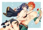  1boy 1girl abs ankle_strap armband ass asymmetrical_bangs back bangs bare_legs bikini black_bikini black_capelet black_footwear blue_background blue_eyes blue_hair blush bracelet breasts bubble_background byleth_(fire_emblem) byleth_eisner_(female) capelet closed_mouth commentary cowboy_shot cup drink drinking_straw eyebrows_visible_through_hair eyewear_on_head f_ico_e feeding fire_emblem fire_emblem:_three_houses fire_emblem_heroes flower flower_in_drink food hair_between_eyes hair_flower hair_ornament hetero hibiscus highres holding holding_drink holding_spoon ice_cream jewelry long_hair looking_at_viewer looking_back medium_breasts navel open_mouth orange_eyes orange_hair parted_bangs sandals shirtless short_hair sideboob smile spoon sundae sunglasses sweatdrop swimsuit sylvain_jose_gautier thighs tinted_eyewear tongue tongue_out twitter_username 