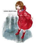  aida_yuu boots brown_eyes brown_hair gunslinger_girl henrietta_(gunslinger_girl) leaning_forward open_mouth outstretched_arms raincoat rubber_boots short_hair smile 